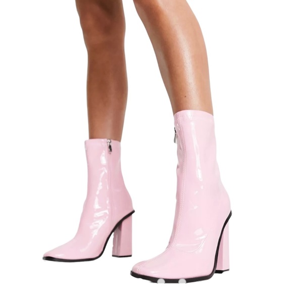 Raid ASOS Saylor Barbie Pink Patent Block Heel Mid Calf Boots Women’s 8 Wide Fit - Picture 3 of 16